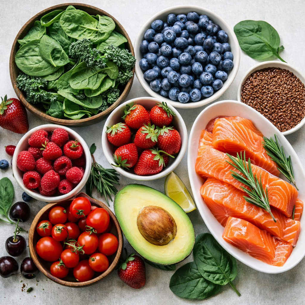 Colourful array of anti-cellulite foods including berries, greens and healthy fats