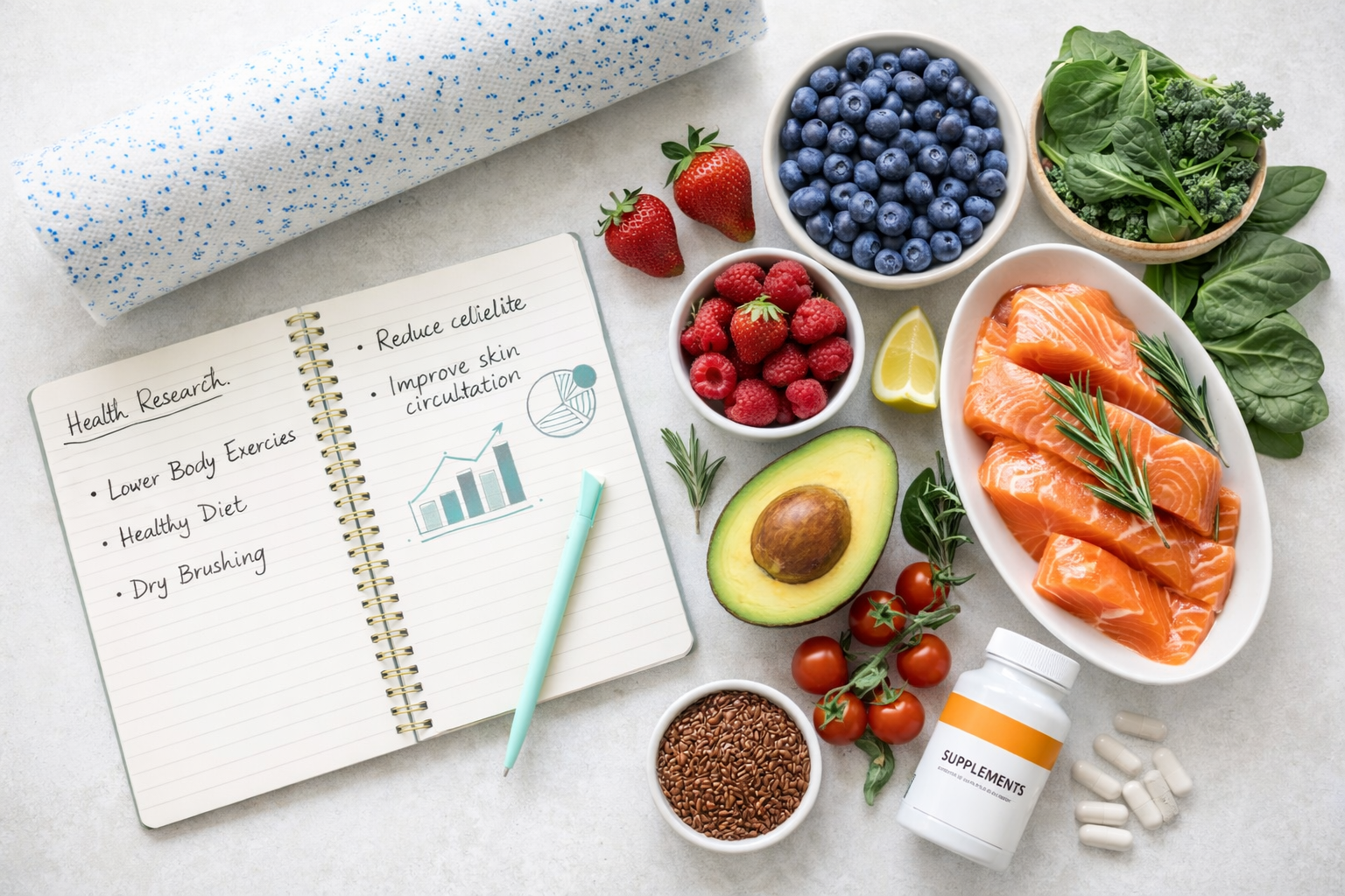 Research materials and natural tools that form the basis of the Cellulite Fix 4-step system